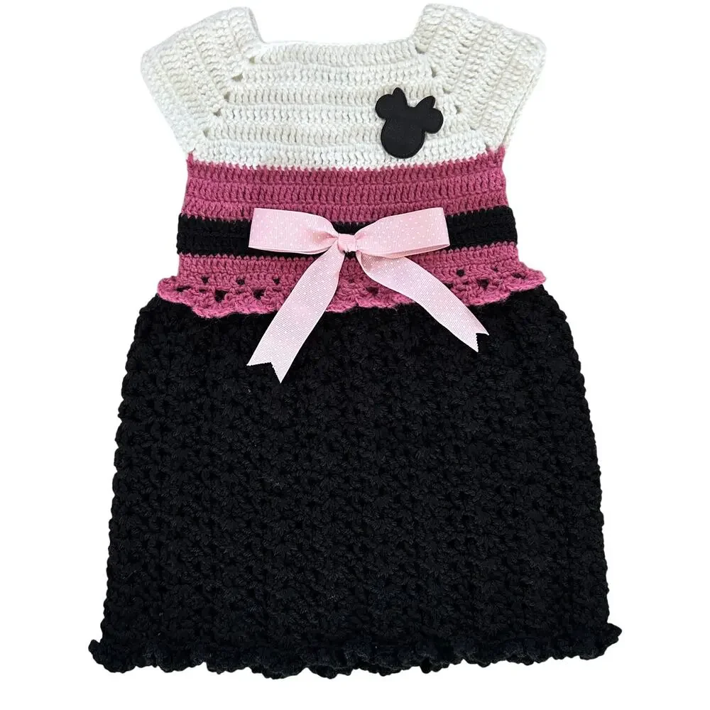 Handmade Crochet Toddler Dress 12-18M Pink Black White Minnie Inspired Bow
